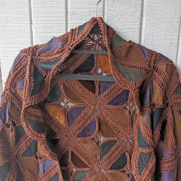 Lightweight Vintage Patchwork Crochet Leather Shawl - Picture 4 of 9